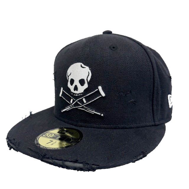 ニューエラ NEW ERA ×JACKASS ジャッカス 59FIFTY CAP スカル ボーン刺繍 ダメージ加工 ベースボール キャップ 帽子 7 3/8 黒ブラック ブランド古着ベクトル 中古●▲260627