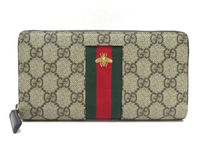 GUCCI グッチ GGスプリーム ビー ラウンド長財布 PVC/レザー ベージュ