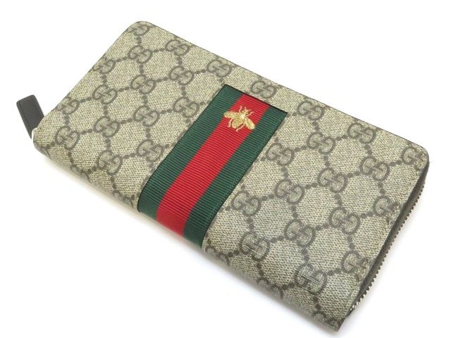 ◇箱付き美品◇グッチ 長財布 GGスプリーム×ビー×シェリー　408831 GUCCI グッチ GGスプリーム ビー ラウンド長財布 PVC/レザー ベージュ