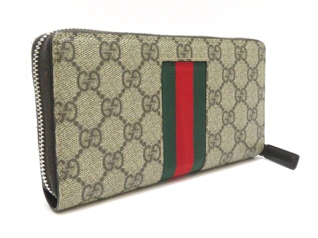 GUCCI グッチ GGスプリーム ビー ラウンド長財布 PVC/レザー ベージュ