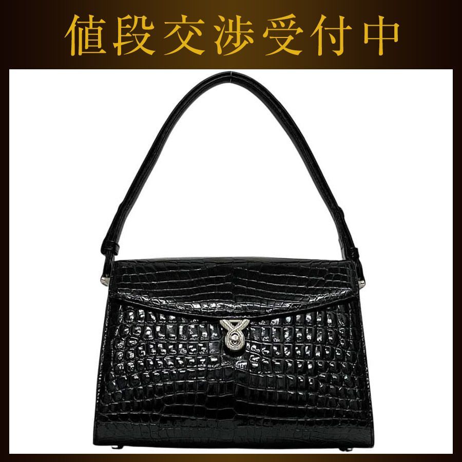 ハンドバッグ ブラック 黒 美品 ワンショルダー バッグ クロコダイル リアル レザー 中古 バッグ 鞄 シンプル オケージョン