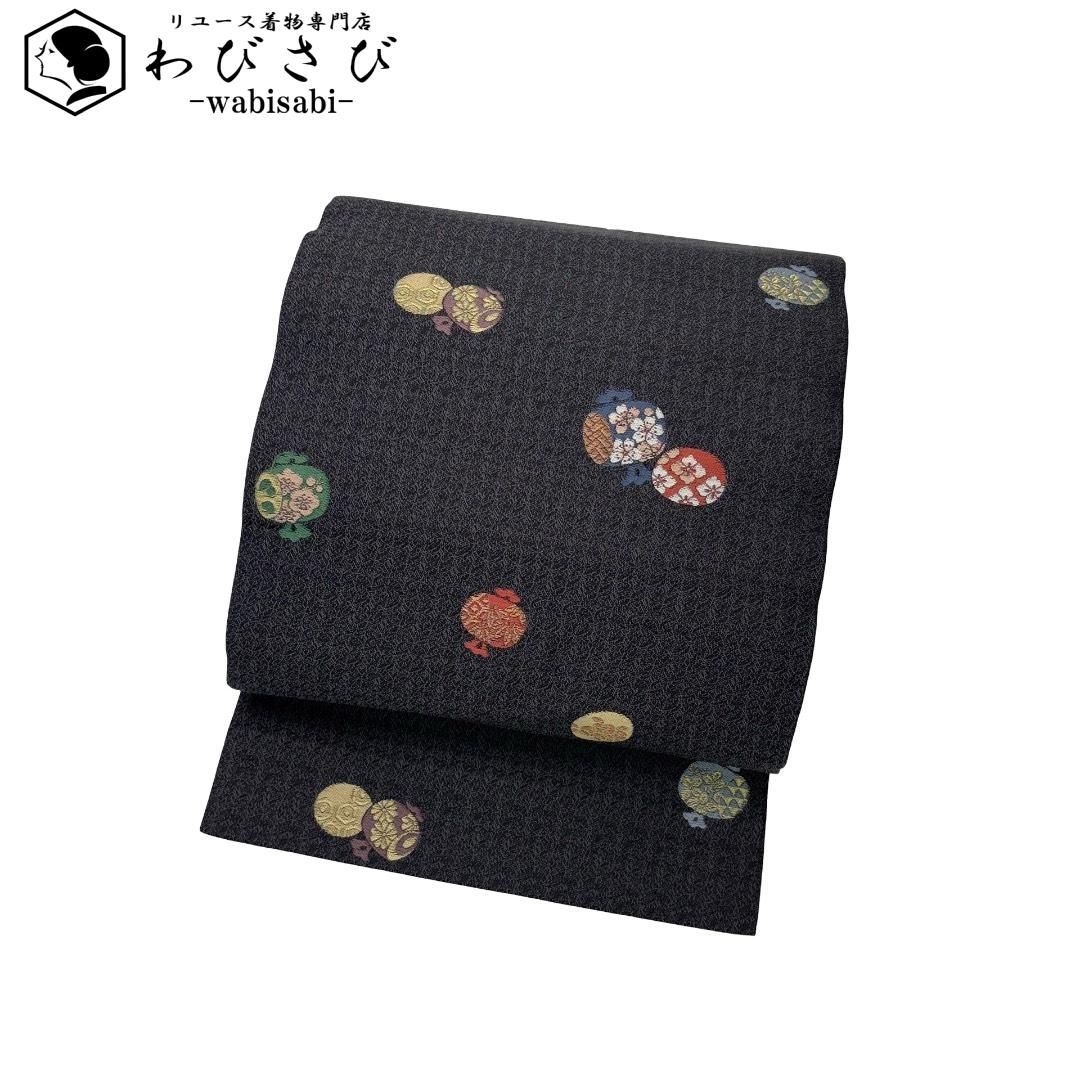 名古屋帯 京こばな 打ち出の小槌 七宝 花模様 金糸 具墨色 O-6300