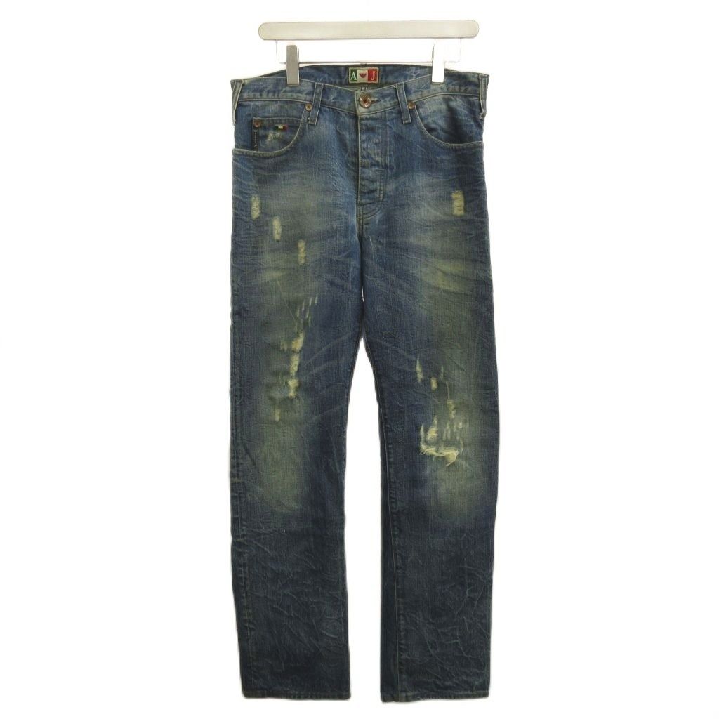 アルマーニ ジーンズ ARMANI JEANS デニム ジーンズ パンツ 33 インディゴブルー ダメージ加工 ロゴプレート /NP ■GY19