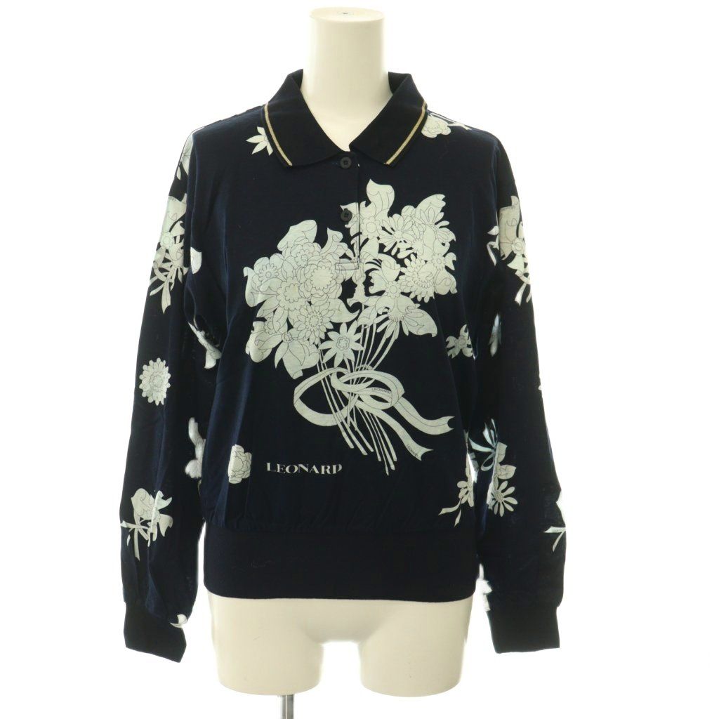 レオナールスポーツ LEONARD SPORT ポロシャツ 長袖 花柄 M ネイビー /DF ■GY11