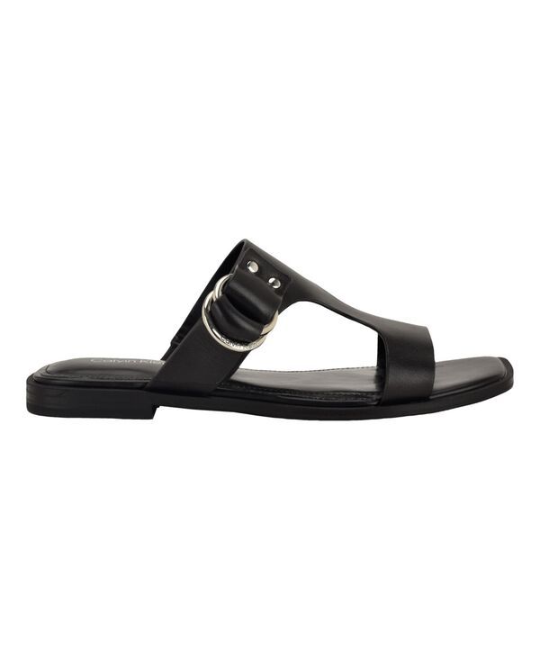 カルバンクライン レディース シューズ サンダル レザー Calvin Klein Womens Meritt Leather Flat SlipOn Sandals Black Leather ブラ
