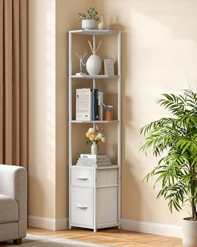 Housolution コーナーラック スリム 5段 本棚 高さ162cm 耐荷重85kg コーナー 収納棚 隙間収納 引き出し付き リビング/寝室/キッチン/浴室 Whiteｍａ