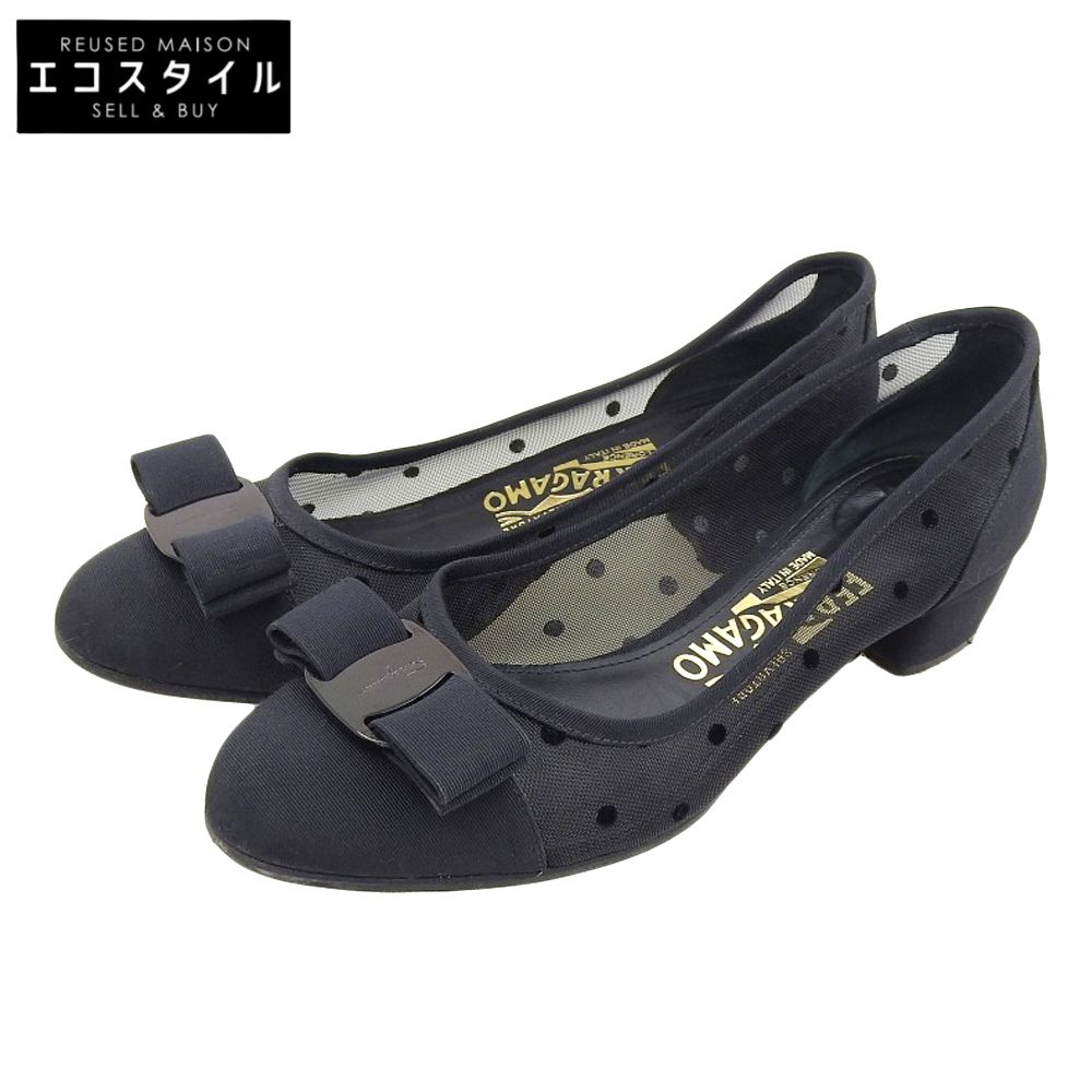 Salvatore Ferragamo　サルヴァトーレフェラガモ　シースルー ドット柄×ヴァラリボン パンプス シューズ レディース ブラック 5 1/2 D　5 1/2 D