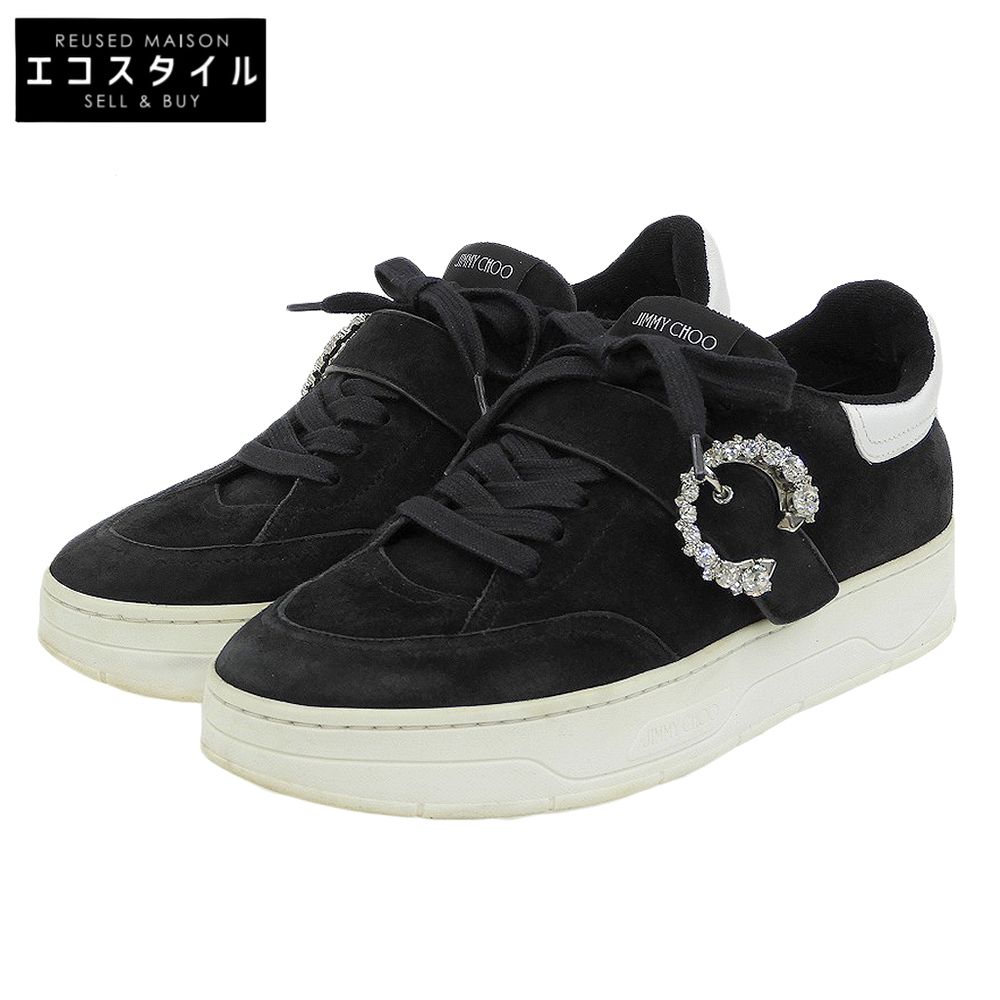 JIMMY CHOO ジミーチュウ OSAKA LACE UP XYT ビジューバックル スエードレザー スニーカー シューズ メンズ ブラック 39 39