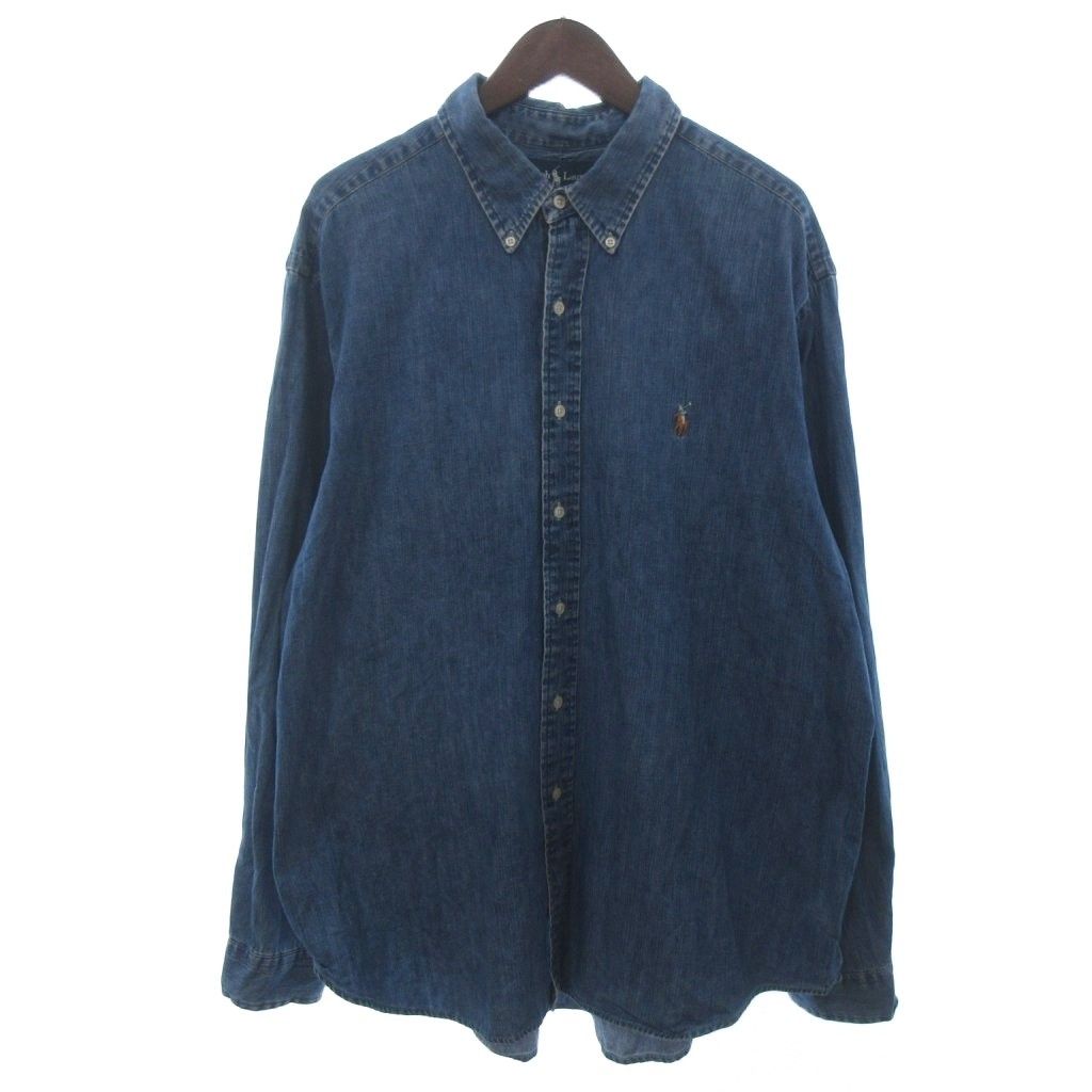 ラルフローレン RALPH LAUREN ボタンダウン デニムシャツ 長袖 ロゴ刺繍 インディゴ XXL 大きいサイズ ☆AA★ ■GY28