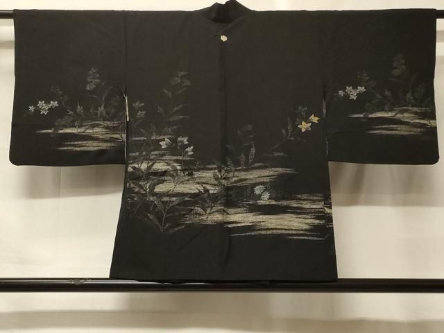 平和屋着物＃羽織　寿光織　霞枝花文　黒地　銀糸　正絹　逸品　CABF9151in
