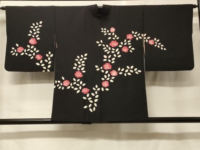 平和屋着物＃羽織　絞り　草花文　黒地　正絹　逸品　CABF9156in