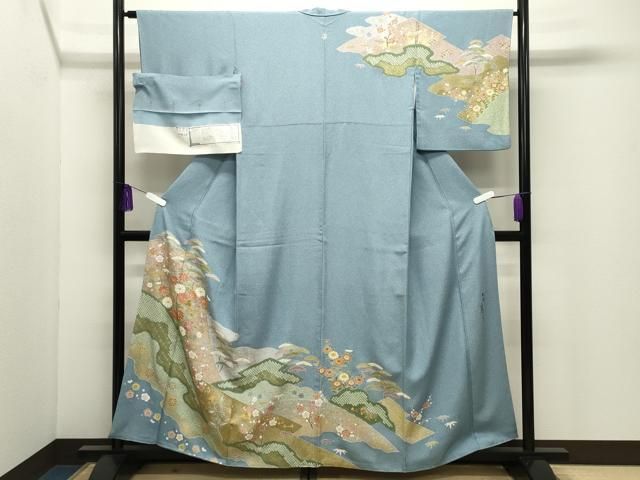 平和屋着物●京友禅の第一人者　松井青々　訪問着　駒刺繍　松竹梅花文　金彩　反端付き　正絹　逸品　CABI0463gh