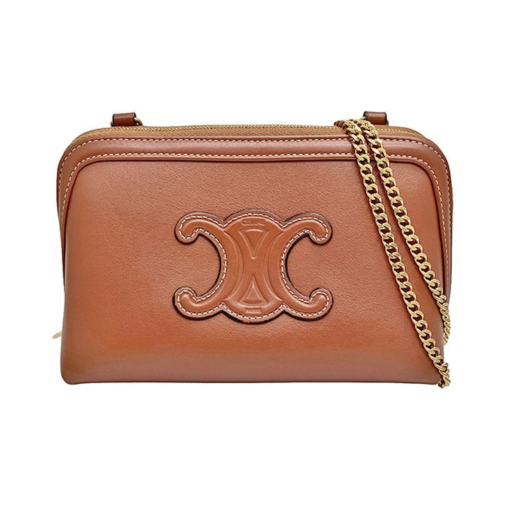 CELINE セリーヌ チェーン クラッチ 10E383DR8.04LU スムース カーフスキン レザー ブラウン ゴールド金具 トリオンフ ショルダーバッグ クロスボディ チェーンショルダー レディース