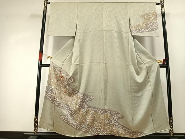 平和屋着物●訪問着　駒刺繍　絞り　草花文　金糸　金銀彩　正絹　逸品　AABJ4316fy