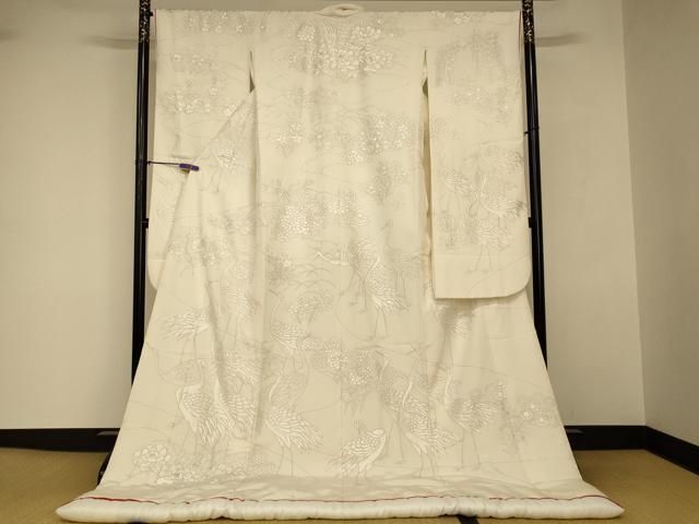 平和屋本店●本手描友禅作家　秋山章　白打掛　白無垢　和装　婚礼　結婚式　花嫁　神社挙式　刺繍　群れ鶴草花文　銀彩　逸品　AABJ2714fw