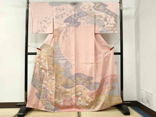 平和屋着物●訪問着 作家物 駒刺繍 絞り エ霞吉祥草花文 金彩 正絹 逸品 CABI2103yc
