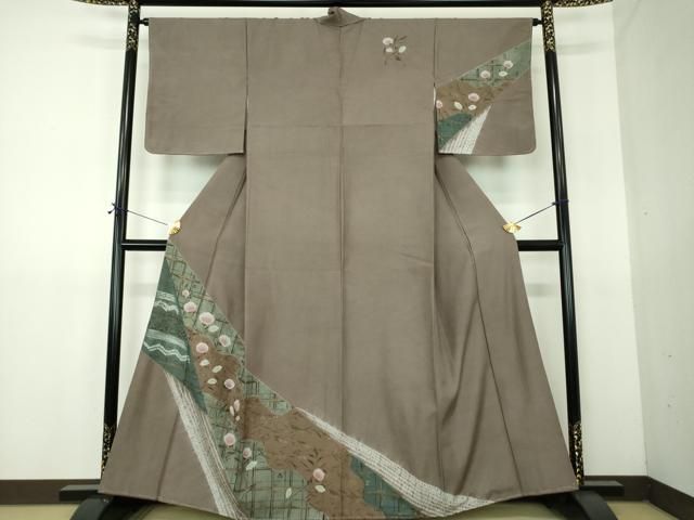 平和屋着物●訪問着　紬地　絞り　草花文　金彩　正絹　逸品　DABG8243ps