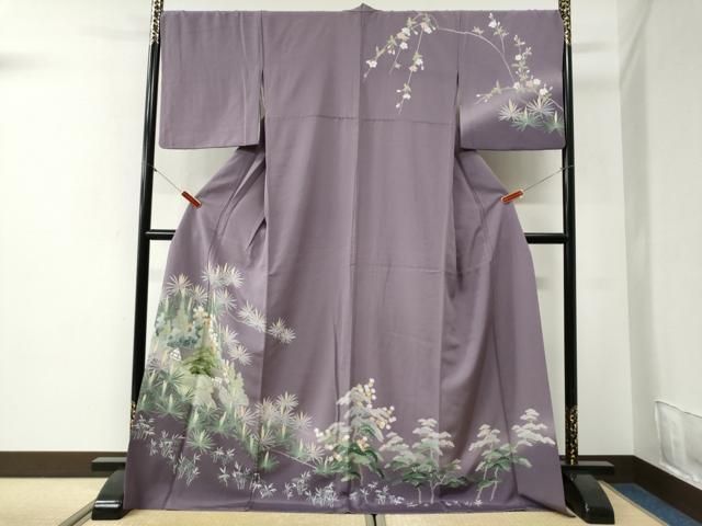 平和屋着物●訪問着　友禅　樹林風景笹竹松葉文　暈し染め　ロング丈　正絹　逸品　CABI2140yc