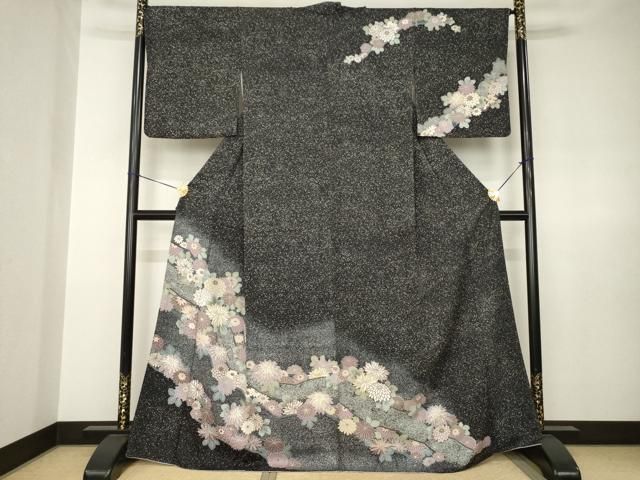 平和屋着物●訪問着　菊尽くし　たたき染め　黒地　金彩　正絹　逸品　AABJ8172ck