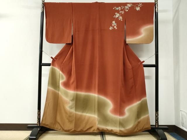 平和屋着物●訪問着　霞枝花文　暈し染め　鬼しぼ縮緬　正絹　逸品　CABI2185yc