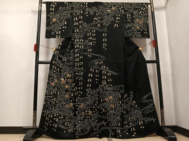 平和屋着物●訪問着　駒刺繍　絞り　草花文　黒地　大丸扱い　正絹　逸品　未使用　AABJ8430ph
