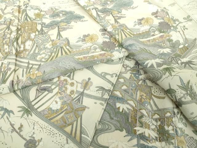 平和屋着物●中国三大刺繍　相良刺繍　訪問着　胴抜き仕立て　駒刺繍　千鳥　立波風景花文　金糸　正絹　逸品　DABG8432ps