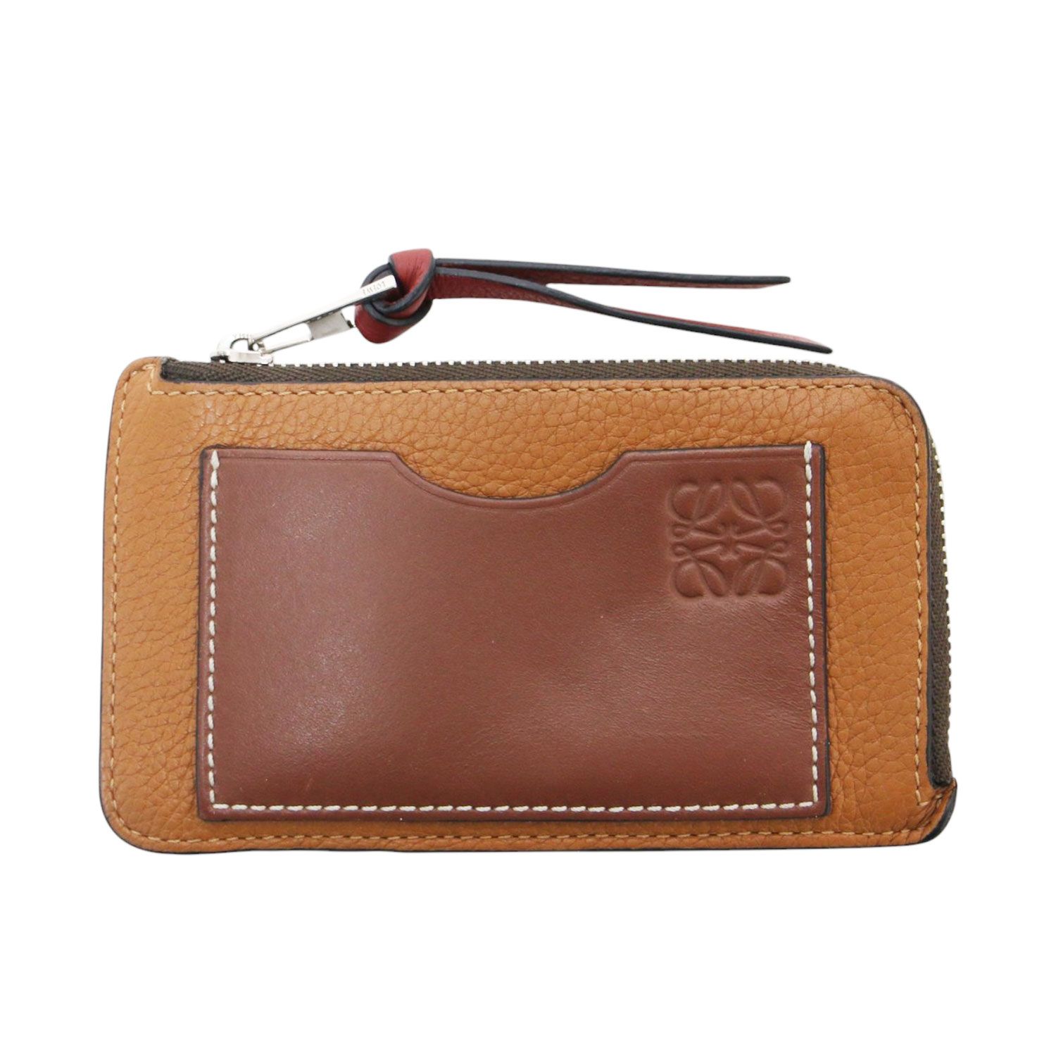 LOEWE ロエベ アナグラム コインカードホルダー 小銭入れ コンパクト バイカラー エンボス ブランドマーク ステッチ レザー ブラウン スペイン製 ブランド 財布 小物【レディース】【中古】