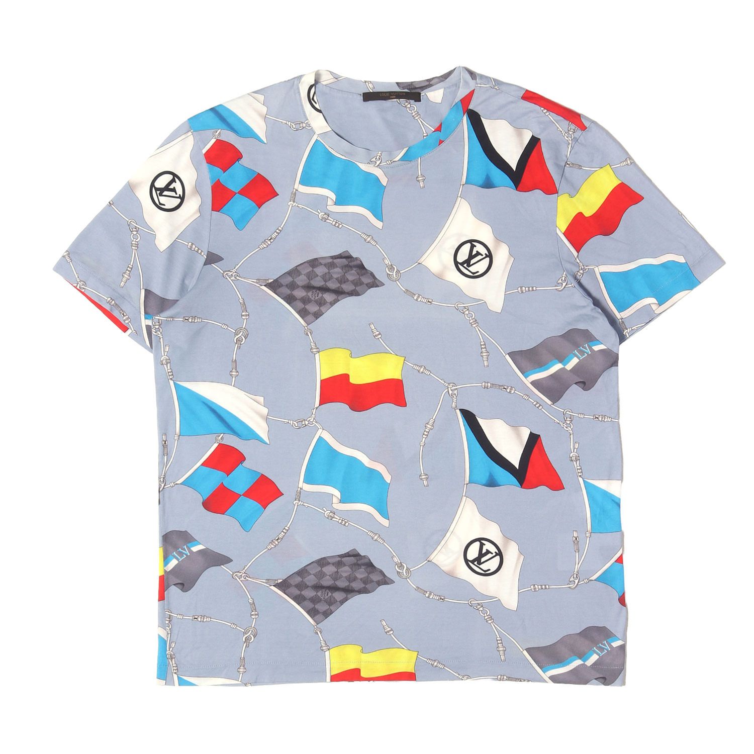 LOUIS VUITTON ルイヴィトン Tシャツ ライトブルー サイズ:L キム・ジョーンズ期 フラッグ柄 ダミエ ガストン クルーネック Tシャツ Damier Gaston Flags Print T-Shirt イタリア製【メンズ】【中古】