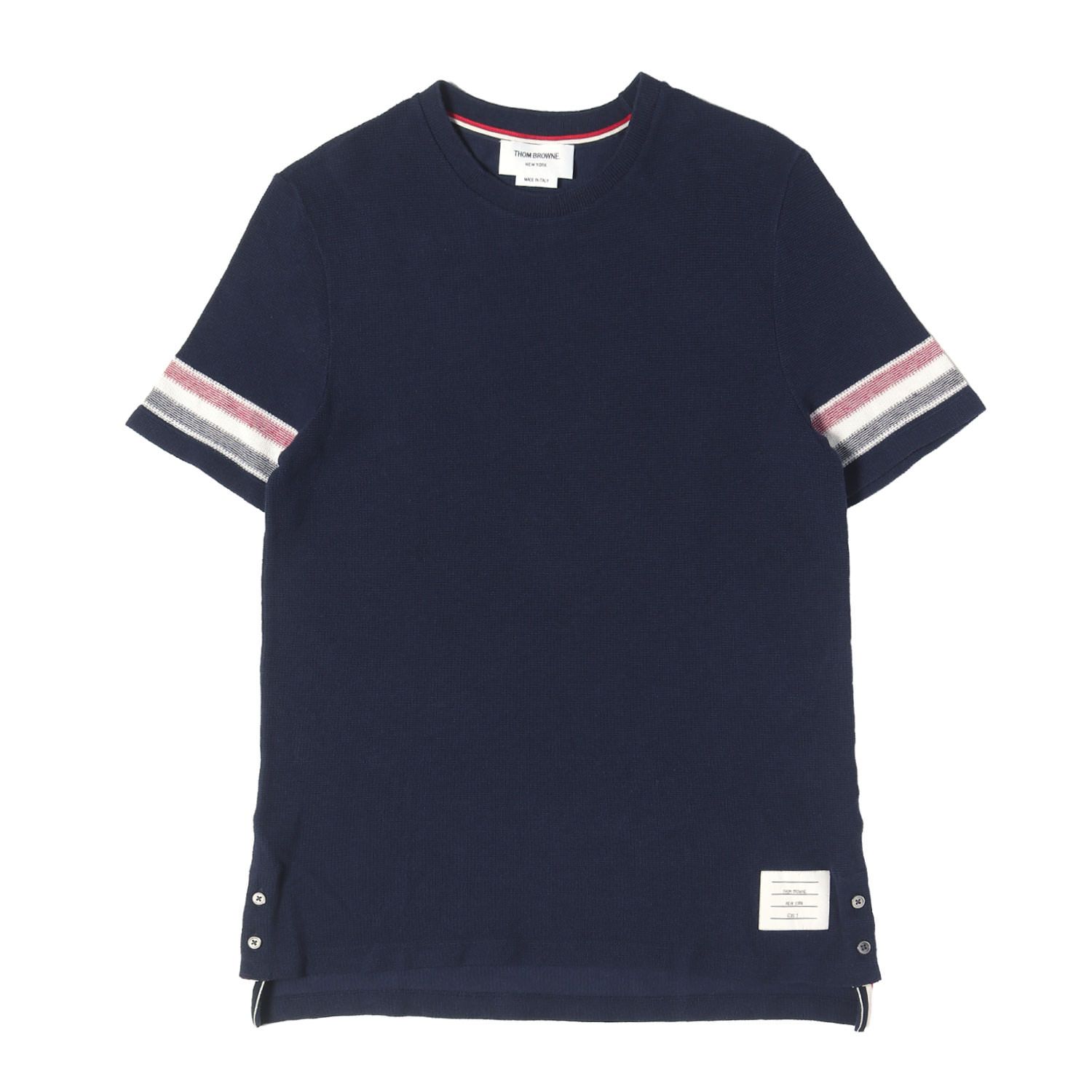 THOM BROWNE トムブラウン Tシャツ ネイビー 紺 サイズ:2 トリコロールライン コットンジャージー Tシャツ イタリア製 トップス カットソー 半袖【メンズ】【中古】