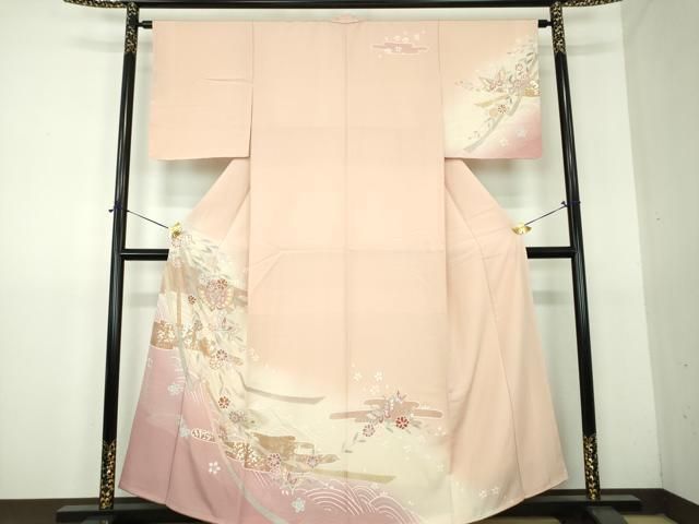 平和屋着物●訪問着　駒刺繍　枝垂れ桜　舞蝶文　暈し染め　金彩　正絹　逸品　未使用　DABG8533ps