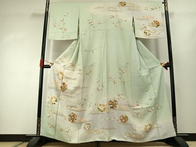 平和屋着物●訪問着　作家物　駒刺繍　草花文　暈し染め　金彩　正絹　逸品　AABJ4464fy