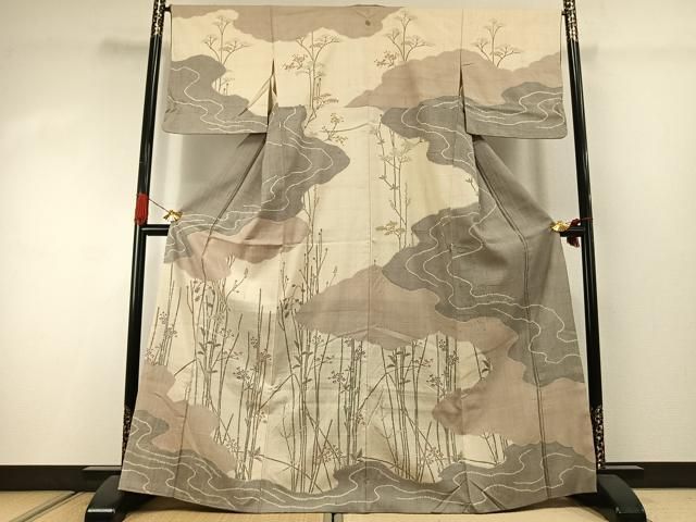 平和屋着物●訪問着　生紬地　枝花文　正絹　逸品　AABJ4468fy