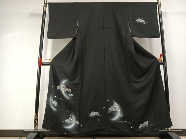 平和屋着物●訪問着　駒刺繍　舞桜文　暈し染め　黒地　金彩　正絹　逸品　AABJ4473fy