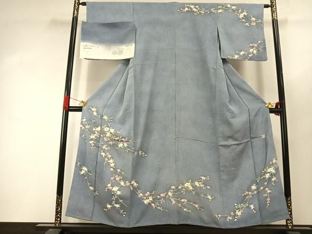 平和屋着物●訪問着　友禅　作家物　枝花文　暈し染め　浜ちりめん　反端付き　正絹　逸品　AABJ4487fy