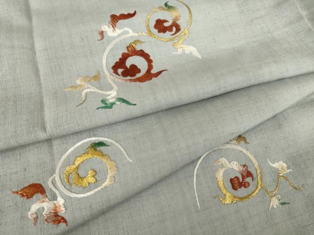 平和屋着物●訪問着　結城紬地　総刺繍　唐草文　金糸　正絹　逸品　AABJ8201ck