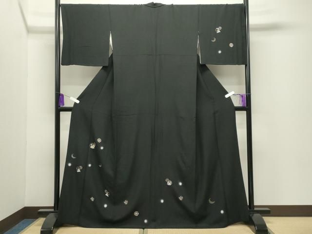 平和屋着物●訪問着　刺繍　跳兎雪輪花文　蛍暈し　黒地　金銀糸　ロング丈　正絹　逸品　CABI0609gh