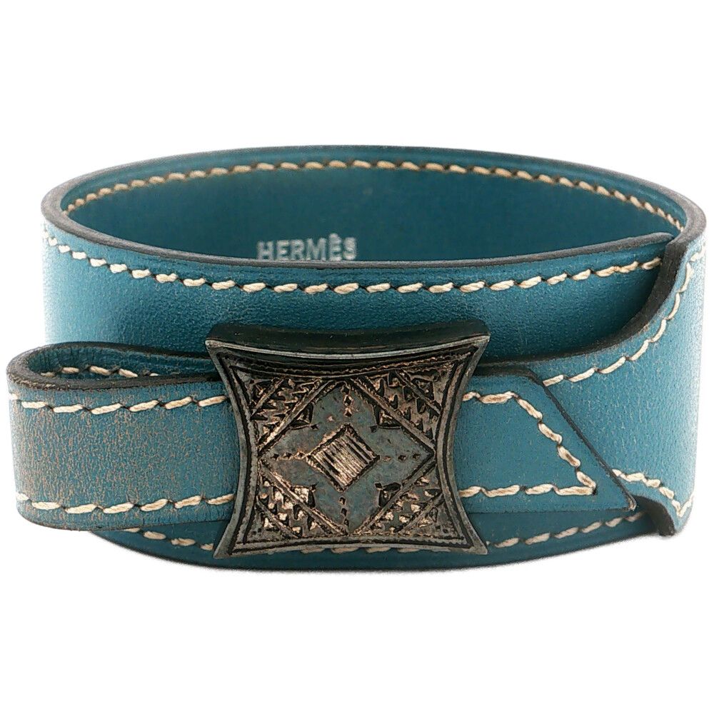 HERMES エルメス トゥアレグ ブルージーンレザーバングルブレスレット 合金メッキ-17.6g ブルー 【♀】【A】【レディース】★■617490【中古】