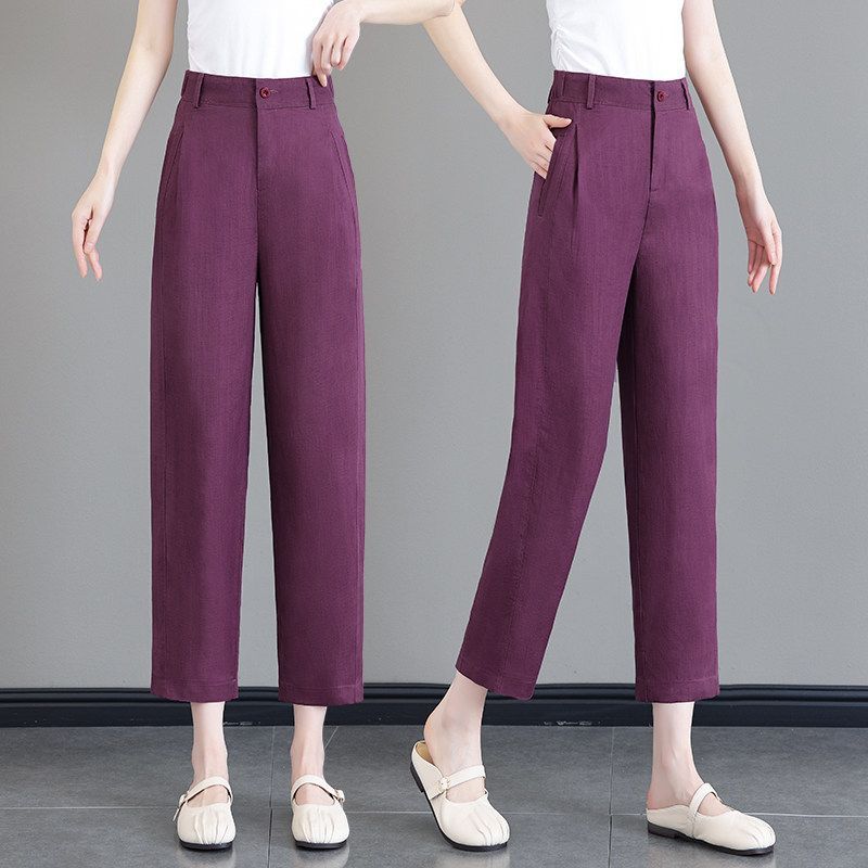 テンセル リネン テーパードパンツ レディース 夏 薄手 ハロンパンツ ハイウエスト 9分丈 アンクル丈 タック 美脚 吸汗速乾 体型カバー カジュアル 涼しい ボトムス 紫 パープル