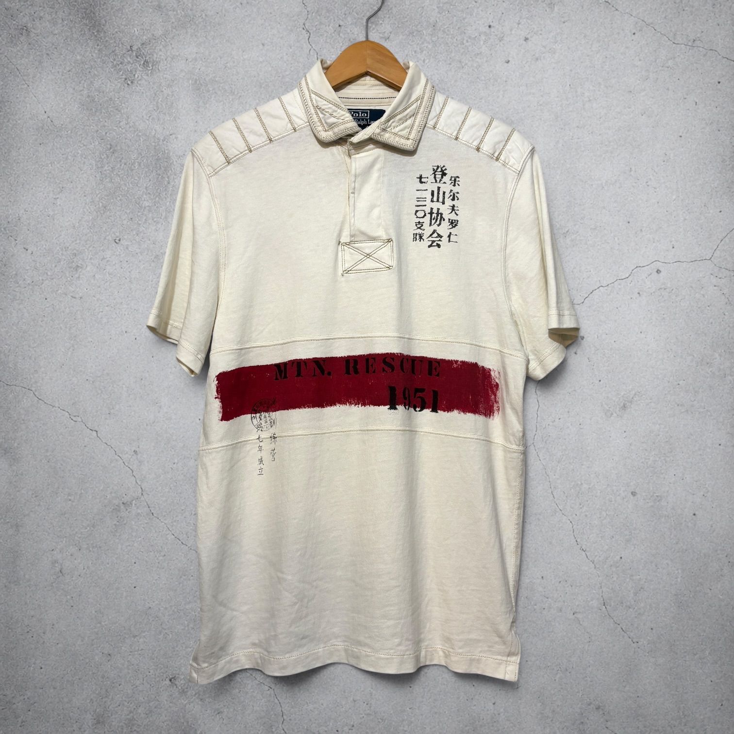 00s Polo Ralph Lauren Mountain Rescue Heavy Polo Shirt M 生成り ラルフローレン ポロシャツ 登山協会 印字 古着