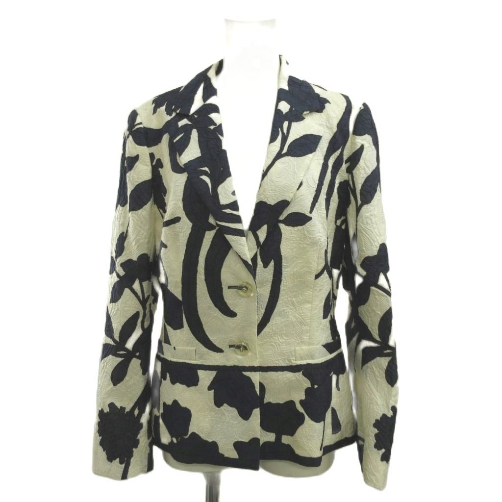 エスカーダ ESCADA ジャケット 上着 絹 シルク 38 白 ホワイト 紺 ネイビー 花柄 ジャガード シングルボタン 長袖 /NP ■GY19