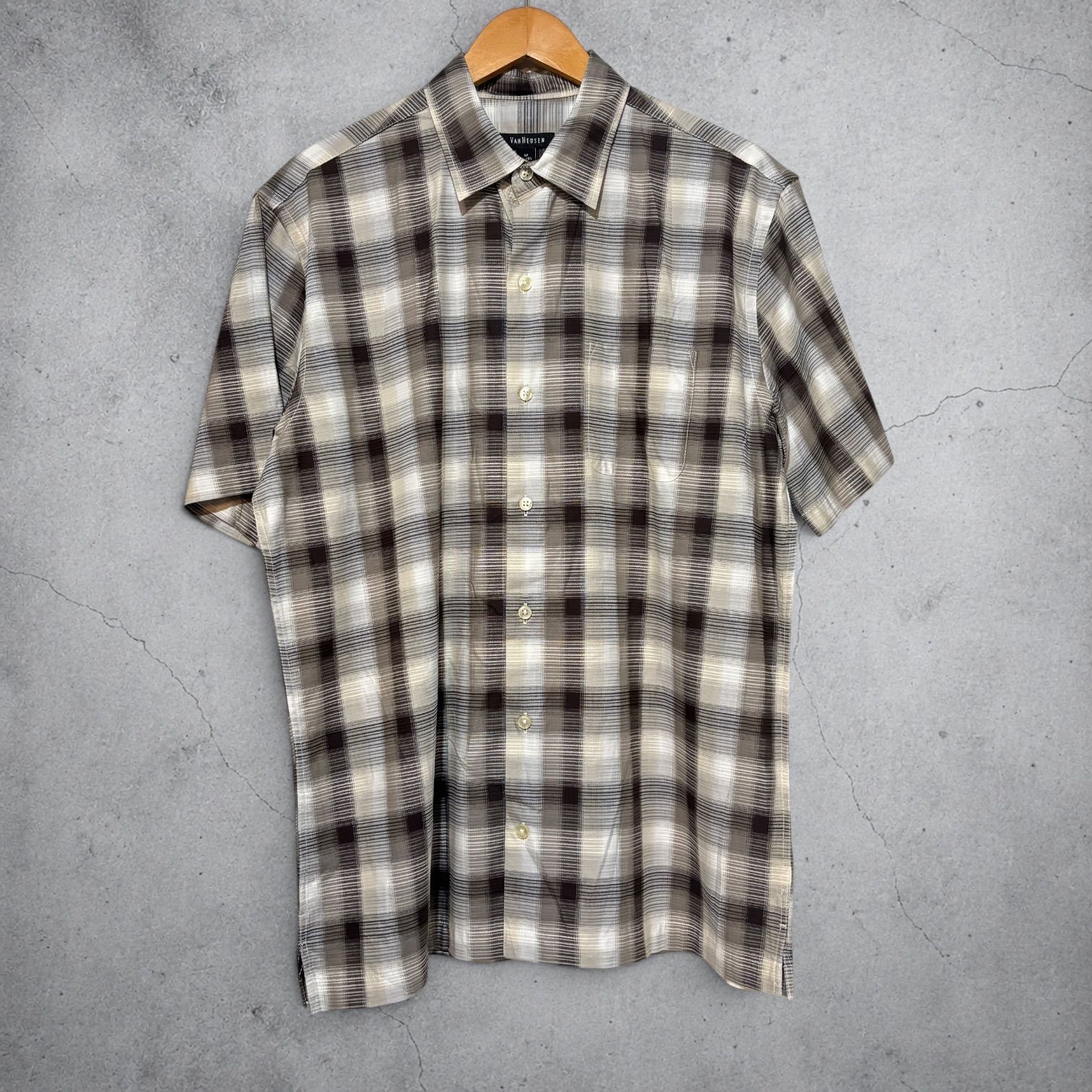 VAN HEUSEN Ombre Check S/S Shirt L ホワイト ブラック グレー ヴァンヒューゼン オンブレチェック 半袖シャツ スクエアカット レーヨン混 古着