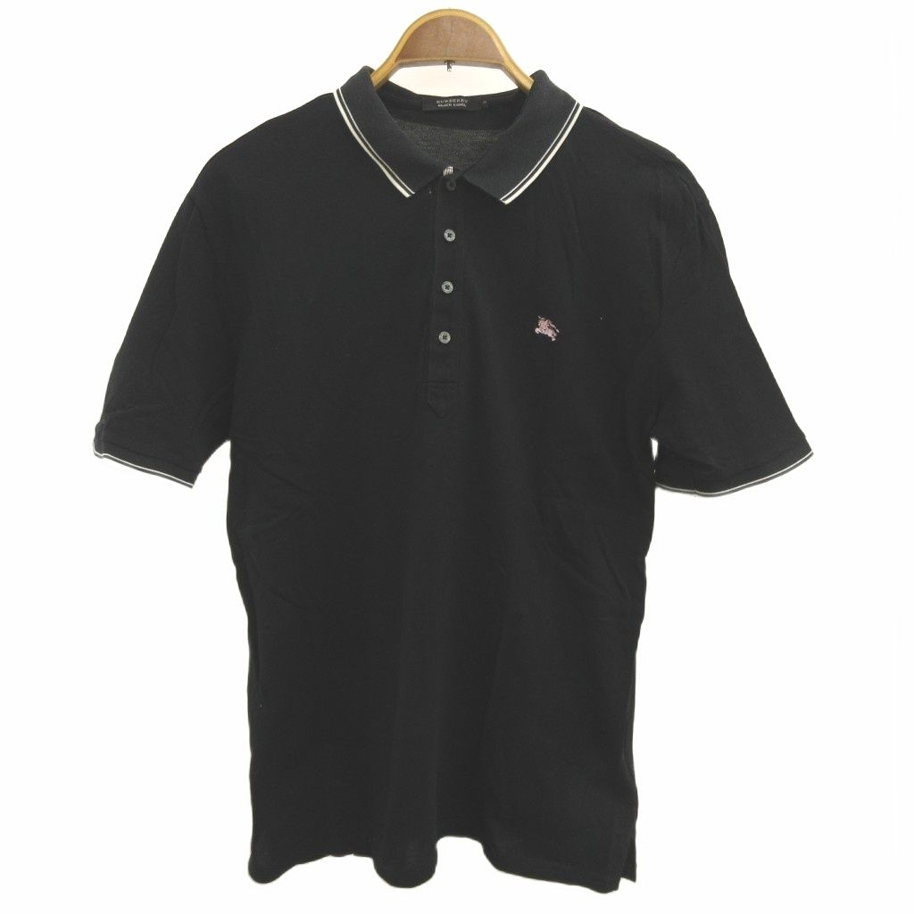 バーバリーブラックレーベル BURBERRY BLACK LABEL ポロシャツ 3 黒 ブラック 白 ホワイト ロゴ刺繍 襟ライン 半袖 / BMV27-840-09 NP ■GY19