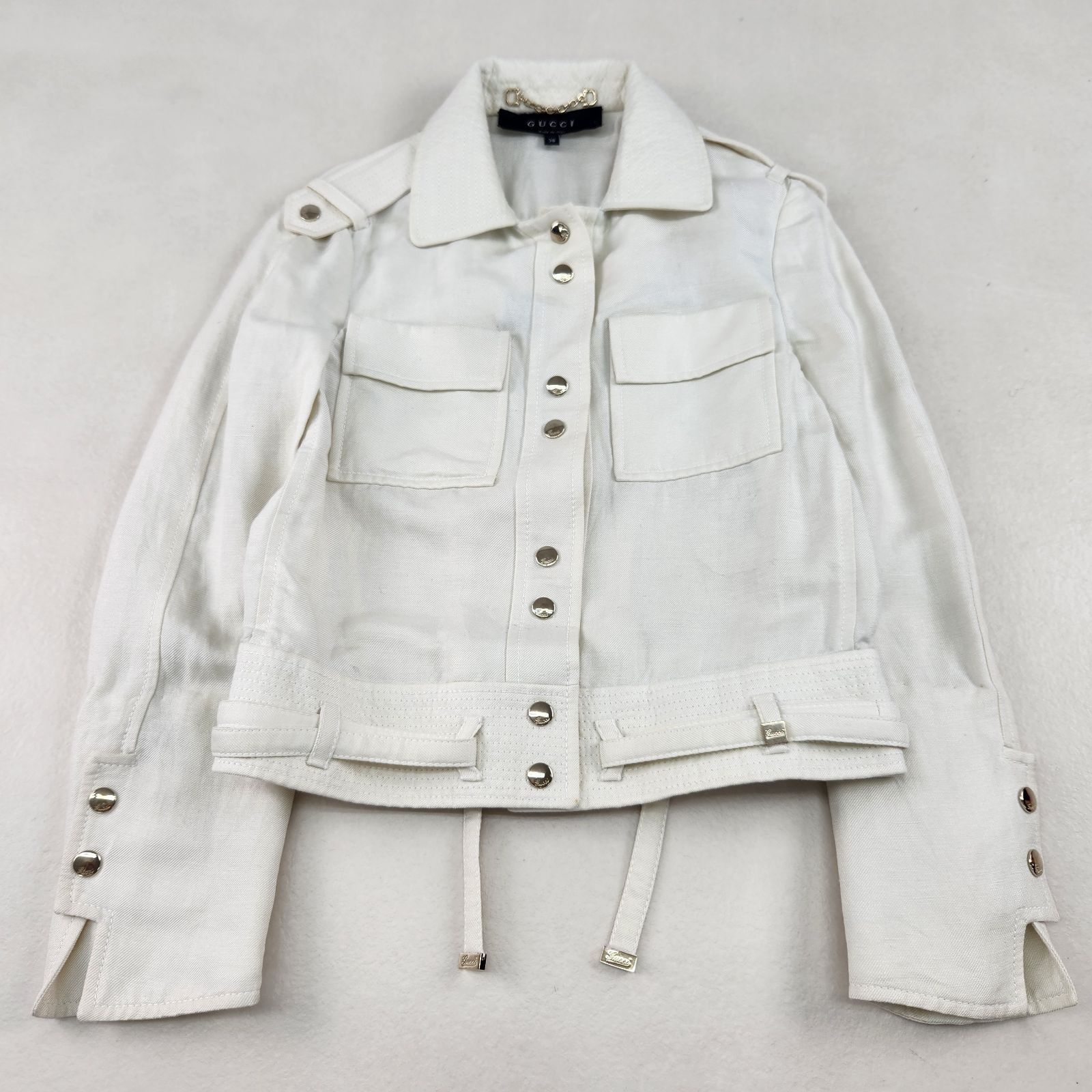 GUCCI デニムジャケット グッチ トムフォード ベルト エポレット リネン シルク クロップド丈 ホワイト 38 M