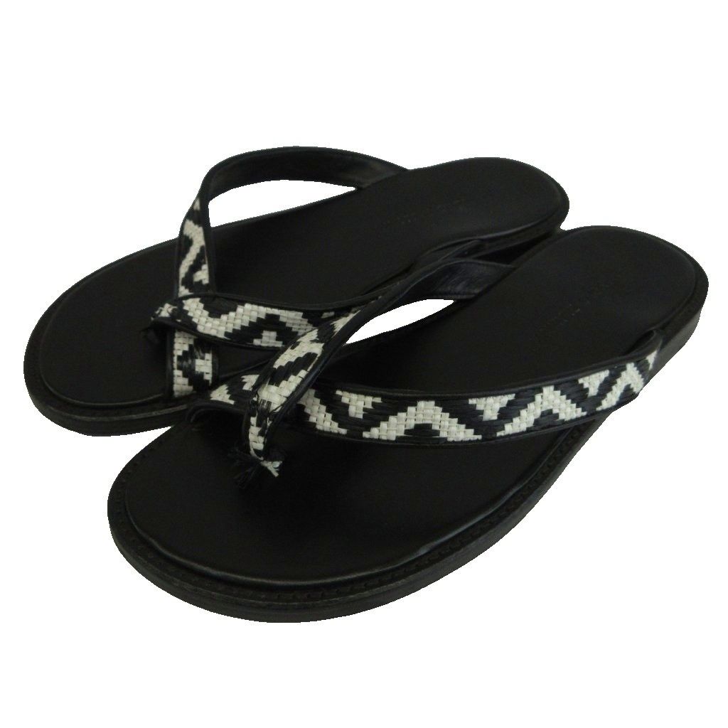 マノロブラニク MANOLO BLAHNIK シラクーサ SIRACUSA ビーチサンダル トングサンダル レザー ラフィア 編み込み 6 24.5cm-25cm 黒 ブラック 白 ホワイト /XZ ■GY18