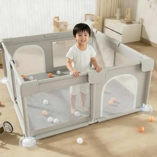 ☆新品☆ベビーサークル メッシュ 長方形 150×150×60cm 洗えるカバー・軽量・組立簡単 室内用 コンパクト設計 グレー fb6e5eba