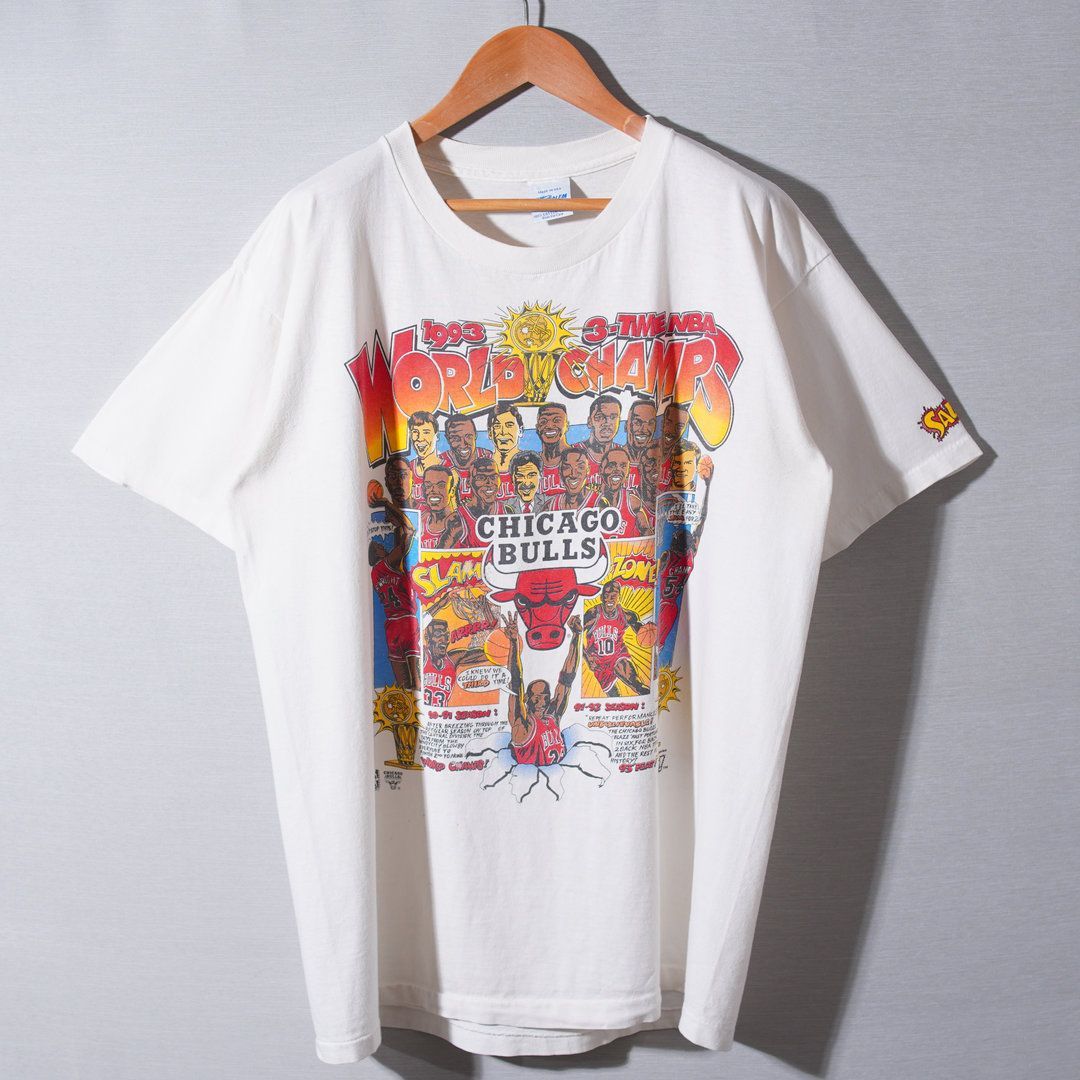 デッドストック★90sシカゴブルズ総柄プリントTシャツ★Lジョーダン★N2048 90s USA製 1993年製 NBA シカゴ ブルズ Tシャツ L ホワイト