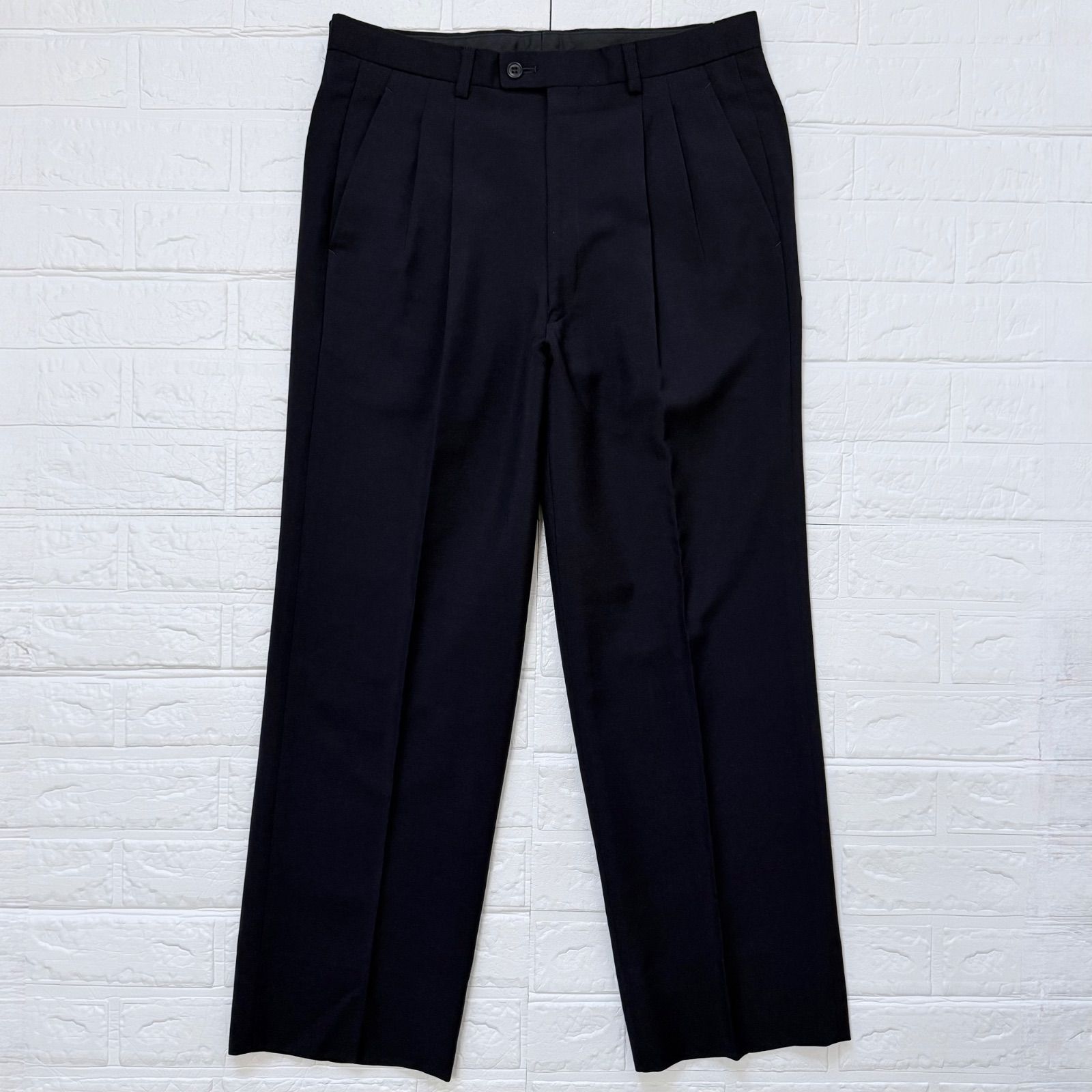 LANVIN ウール 2プリーツ ワイドスラックス ネイビー W79 (実寸W83cm、 L相当) / ランバン