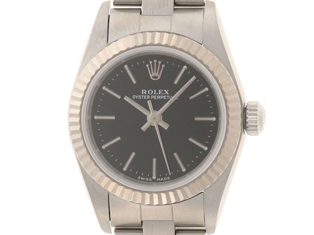 ROLEX ロレックス A番 ウォッチ オイスター パーペチュアル 時計 76094 腕時計 K18ホワイトゴールド K18WG/ステンレス ブラック 自動巻き レディース【中古】432
