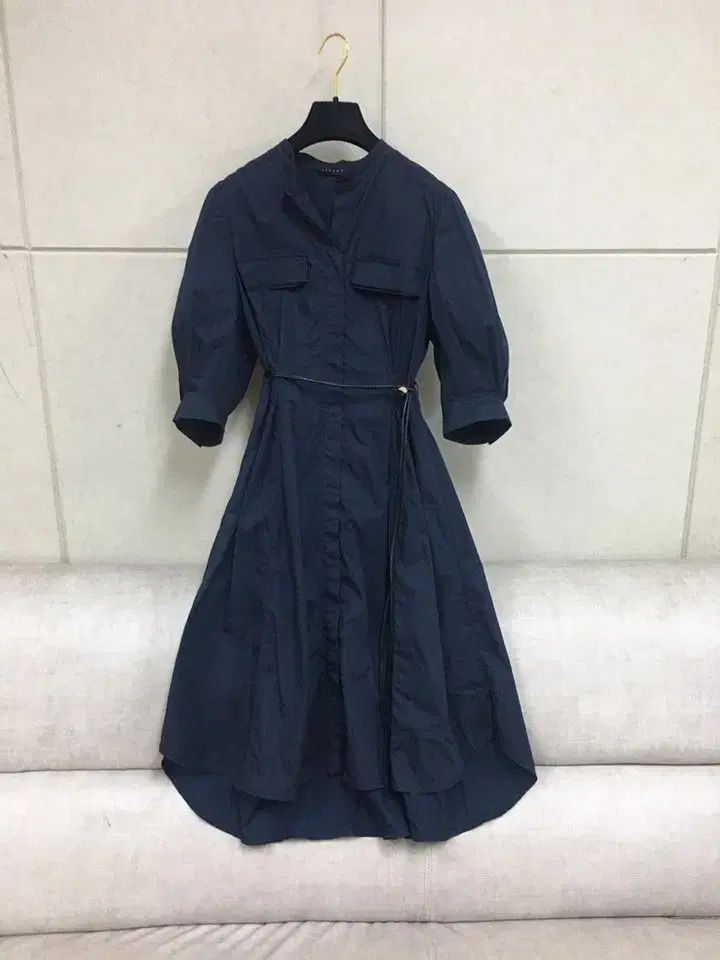 シスレー正規品 ネイビー パフスリーブ 半袖 シャツ ロング丈ワンピース