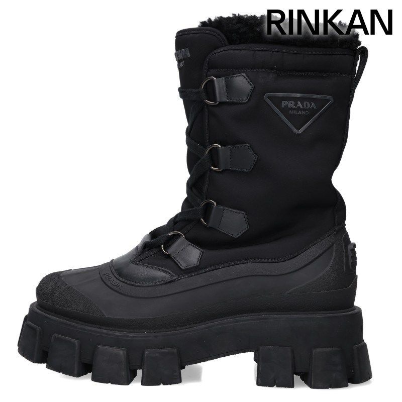 プラダ Monolith Shearing Boots 2UE015 Re-Nylonボアハイカットレザーブーツ メンズ 7.5